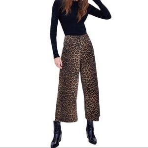 Zara TRF Leopard Wide Leg Raw Hem High Rise Cropped Jeans